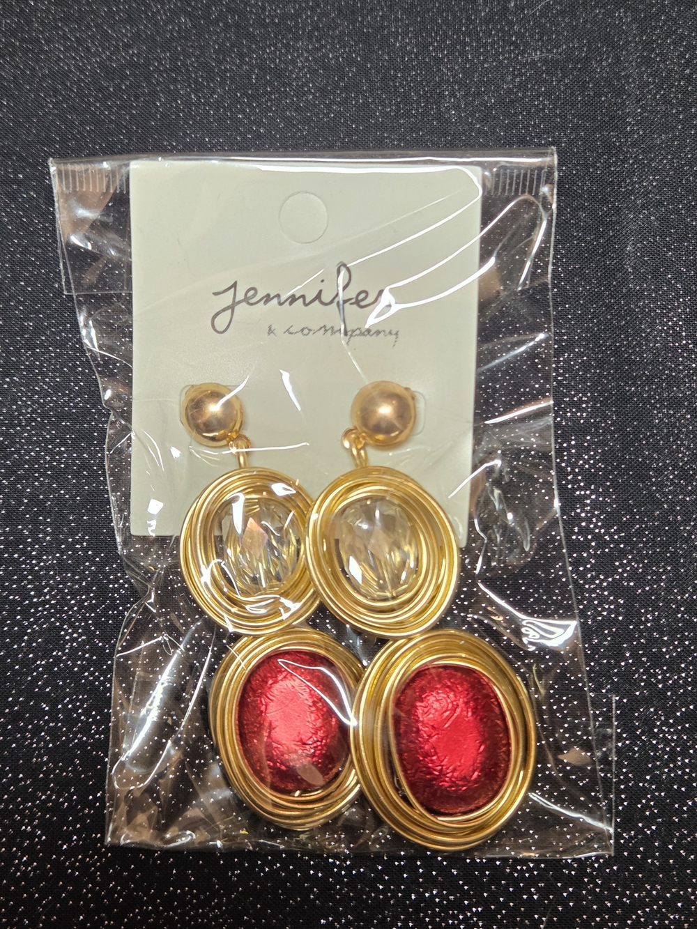 Jennifer & Company Gold Drop Earrings with Red and Clear Stones